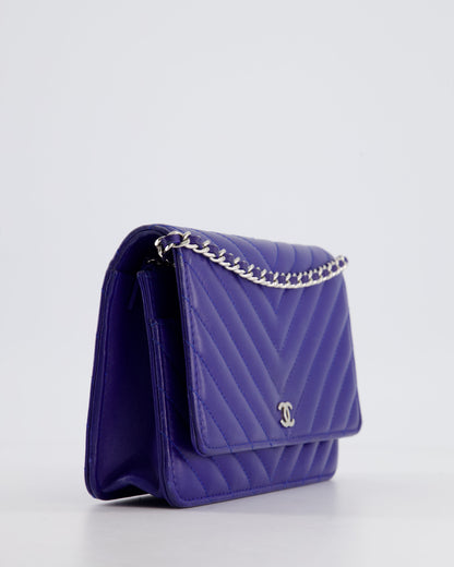 Chanel Cobalt Blue Chevron Wallet on Chain in Lambskin with Silver Hardware