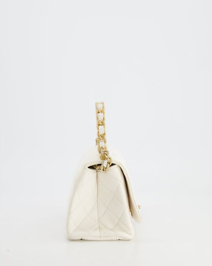 Chanel White Lambskin Leather Small Flap Bag with Brushed Gold Chain Top Handle