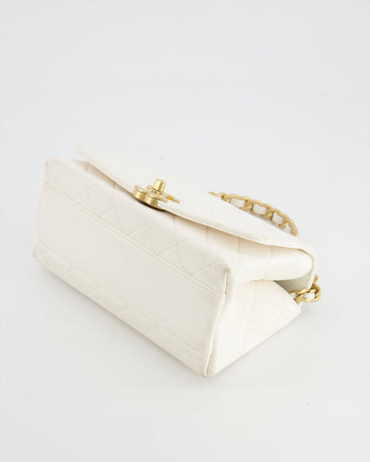 Chanel White Lambskin Leather Small Flap Bag with Brushed Gold Chain Top Handle