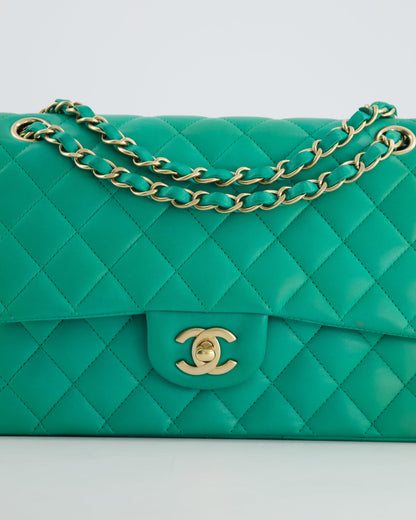 Chanel Emerald Green Medium Classic Double Flap Bag in Lambskin Leather with Gold Hardware