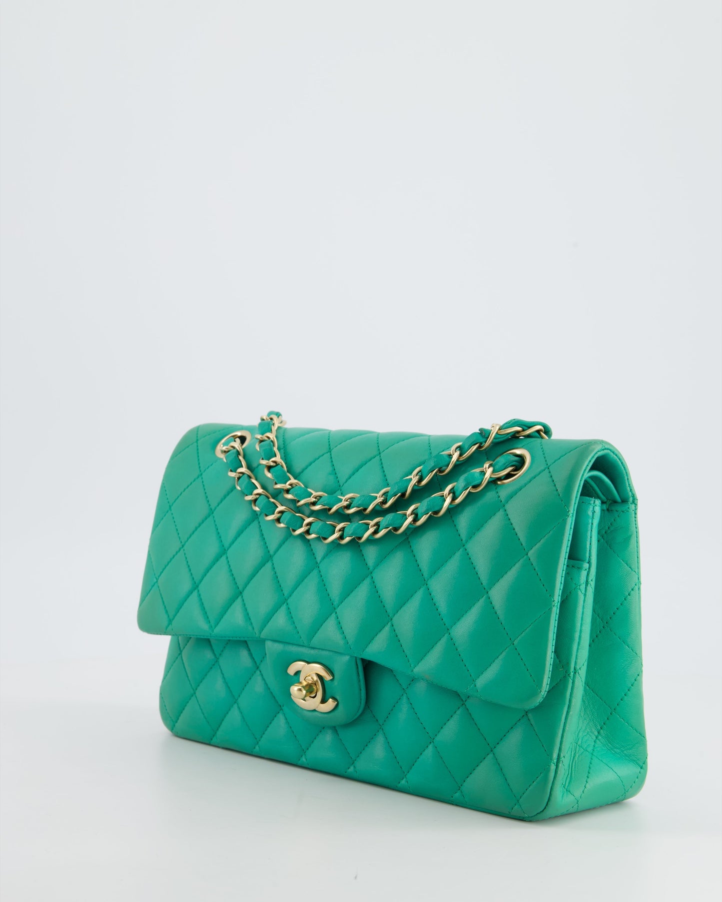 Chanel Emerald Green Medium Classic Double Flap Bag in Lambskin Leather with Gold Hardware