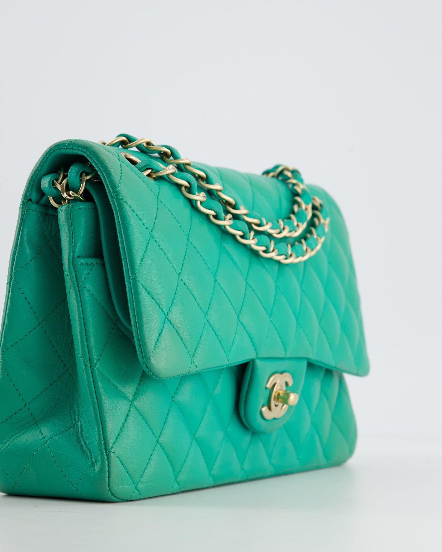 Chanel Emerald Green Medium Classic Double Flap Bag in Lambskin Leather with Gold Hardware