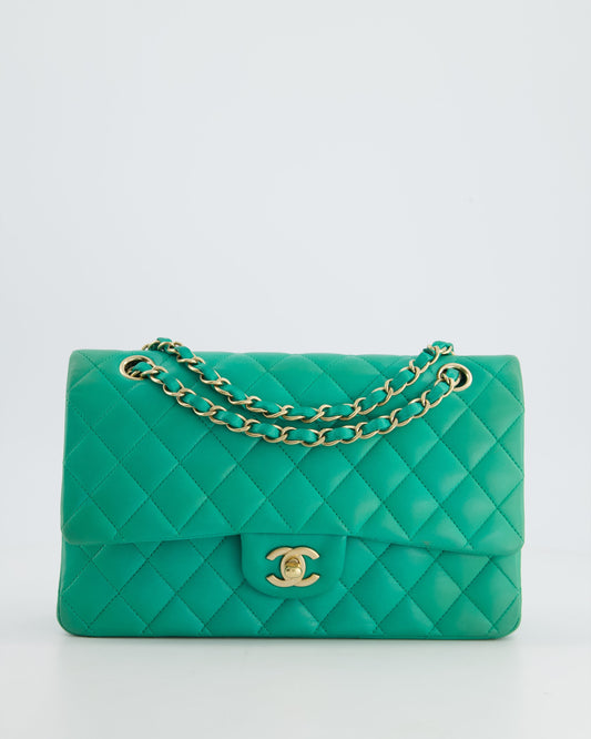 Chanel Emerald Green Medium Classic Double Flap Bag in Lambskin Leather with Gold Hardware