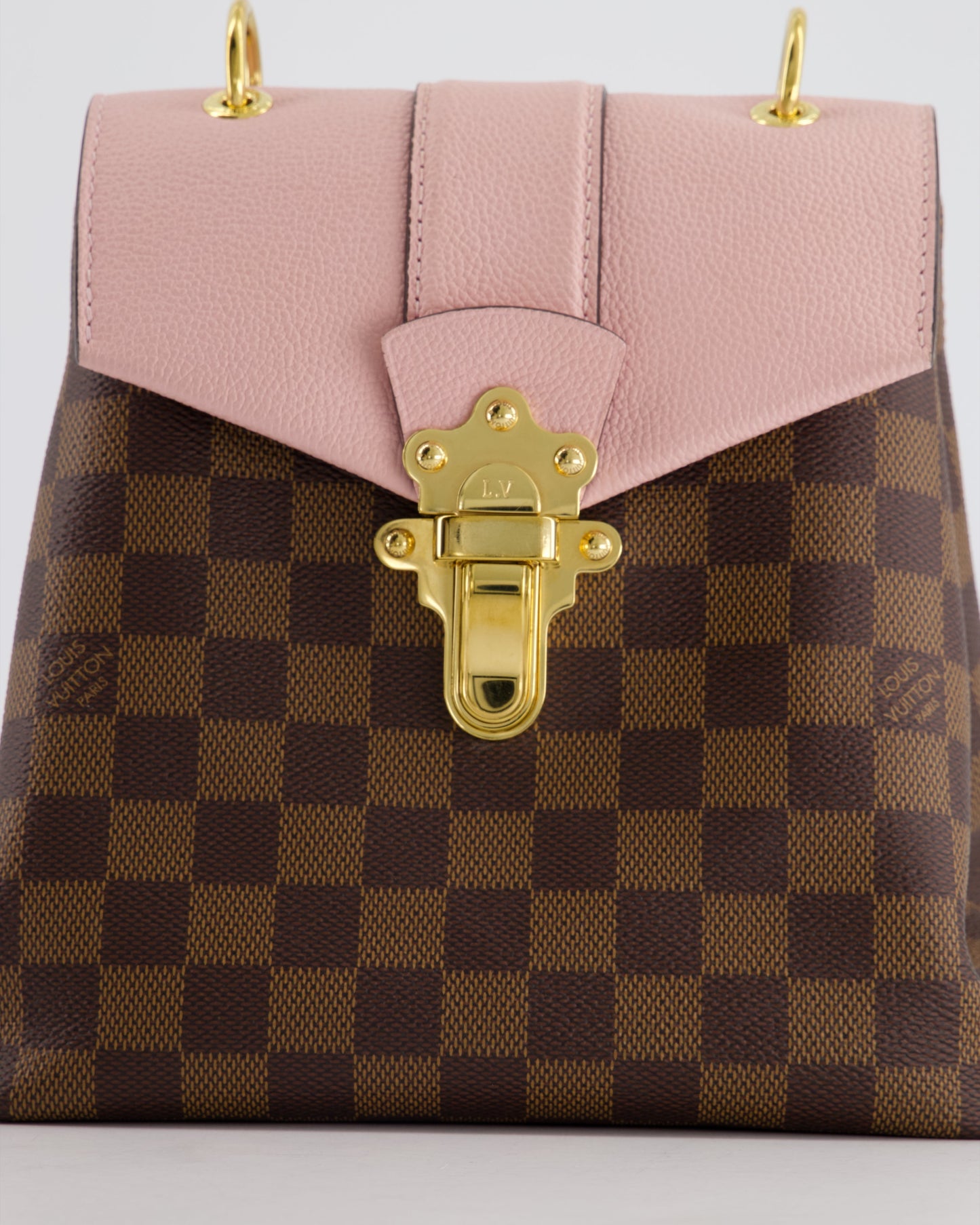 Louis Vuitton Pink and Damier Ebene Monogram Clapton Backpack Bag in Grained Leather with Gold Hardware