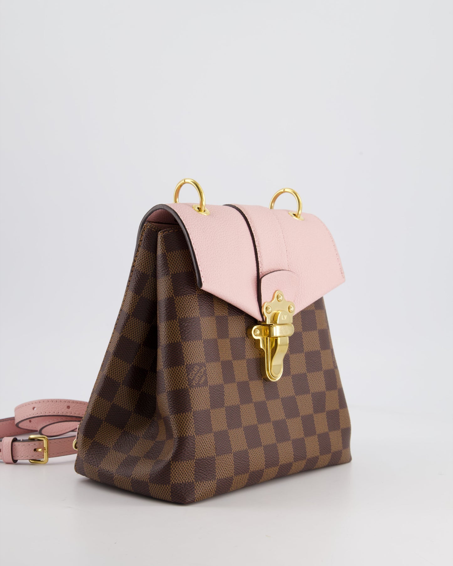 Louis Vuitton Pink and Damier Ebene Monogram Clapton Backpack Bag in Grained Leather with Gold Hardware