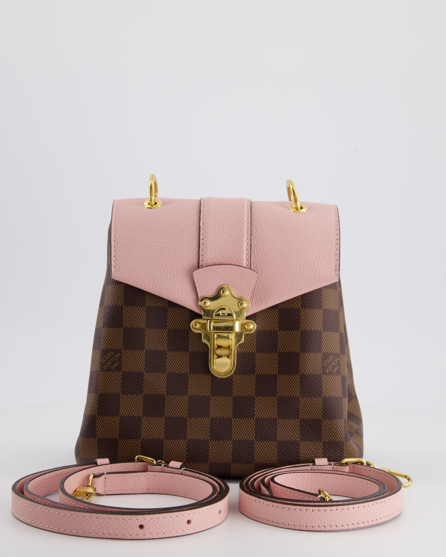 Louis Vuitton Pink and Damier Ebene Monogram Clapton Backpack Bag in Grained Leather with Gold Hardware