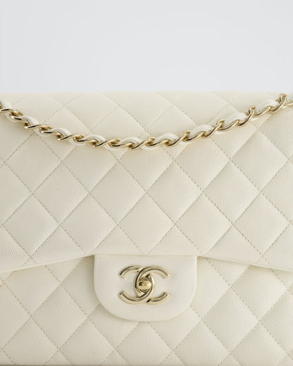 Chanel White Jumbo Classic Double Flap Bag in Shiny Caviar Leather with Champagne Gold Hardware RRP £9,240
