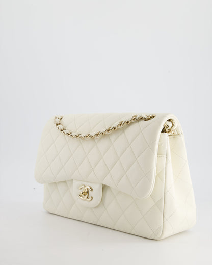 Chanel White Jumbo Classic Double Flap Bag in Shiny Caviar Leather with Champagne Gold Hardware RRP £9,240