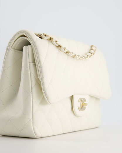 Chanel White Jumbo Classic Double Flap Bag in Shiny Caviar Leather with Champagne Gold Hardware RRP £9,240
