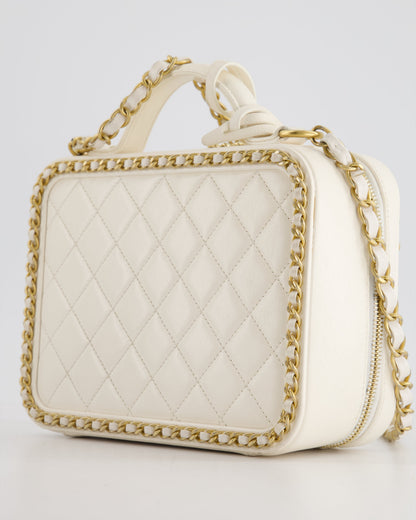 Chanel White Medium CC Filigree Vanity Case Bag in Shiny Calfskin Leather with Brushed Gold Hardware and Chain Detail