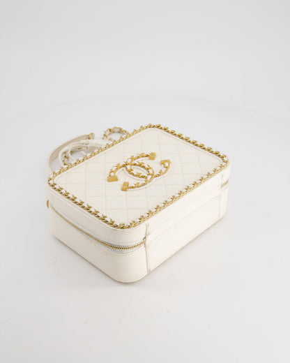 Chanel White Medium CC Filigree Vanity Case Bag in Shiny Calfskin Leather with Brushed Gold Hardware and Chain Detail