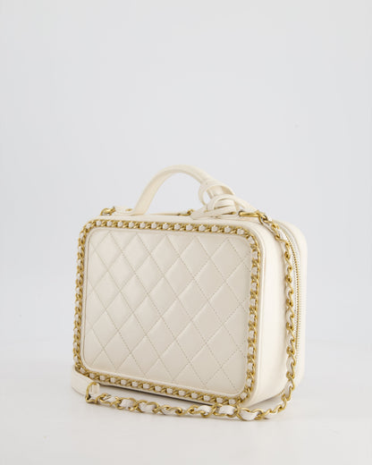 Chanel White Medium CC Filigree Vanity Case Bag in Shiny Calfskin Leather with Brushed Gold Hardware and Chain Detail