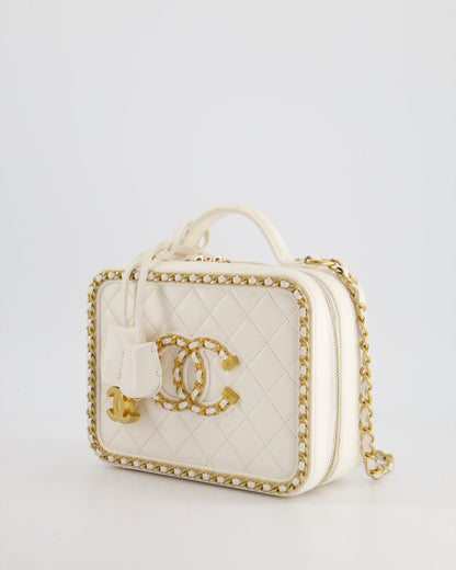 Chanel White Medium CC Filigree Vanity Case Bag in Shiny Calfskin Leather with Brushed Gold Hardware and Chain Detail