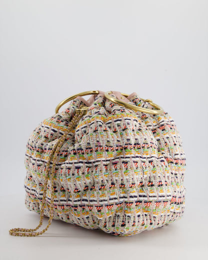 Chanel Limited Edition Multi-Colour Tweed Chesterfield Bucket Bag with Brushed Gold Ring Detail