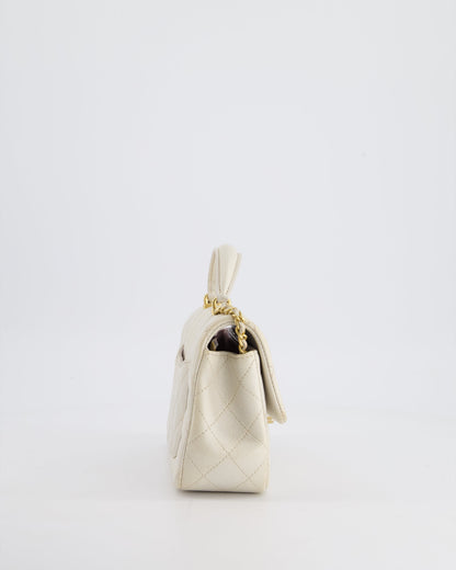 Chanel Off-White Mini Rectangular Top Handle Flap Bag in Lambskin Leather with Brushed Gold Hardware