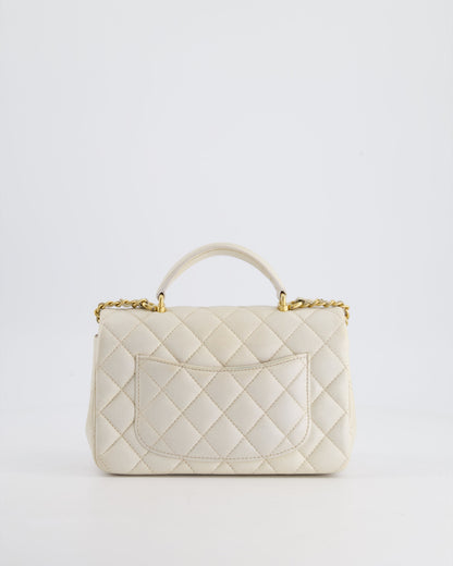 Chanel Off-White Mini Rectangular Top Handle Flap Bag in Lambskin Leather with Brushed Gold Hardware