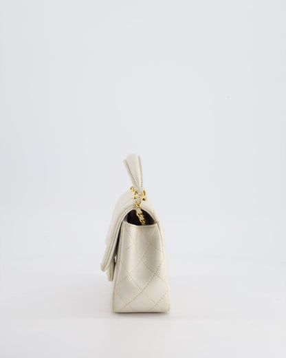 Chanel Off-White Mini Rectangular Top Handle Flap Bag in Lambskin Leather with Brushed Gold Hardware