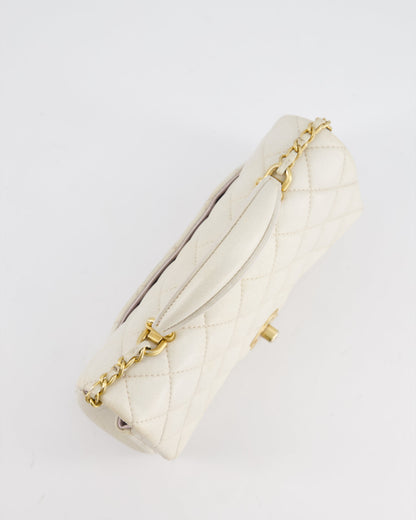 Chanel Off-White Mini Rectangular Top Handle Flap Bag in Lambskin Leather with Brushed Gold Hardware