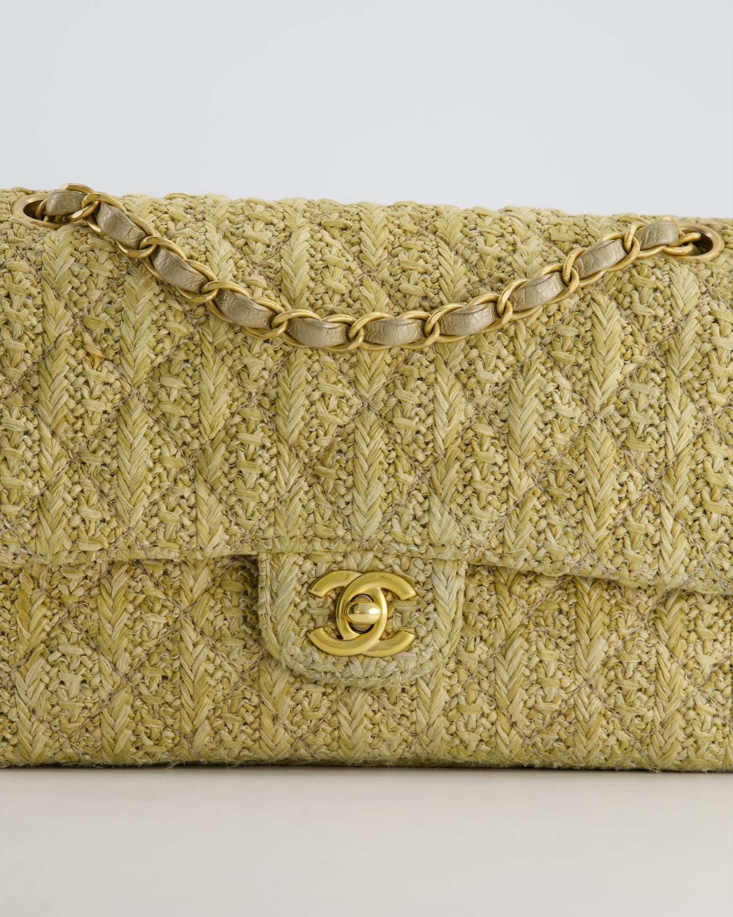 Chanel Beige Raffia Medium Classic Double Flap Bag with Brushed Gold Hardware and Gold Leather Interior