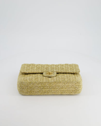 Chanel Beige Raffia Medium Classic Double Flap Bag with Brushed Gold Hardware and Gold Leather Interior