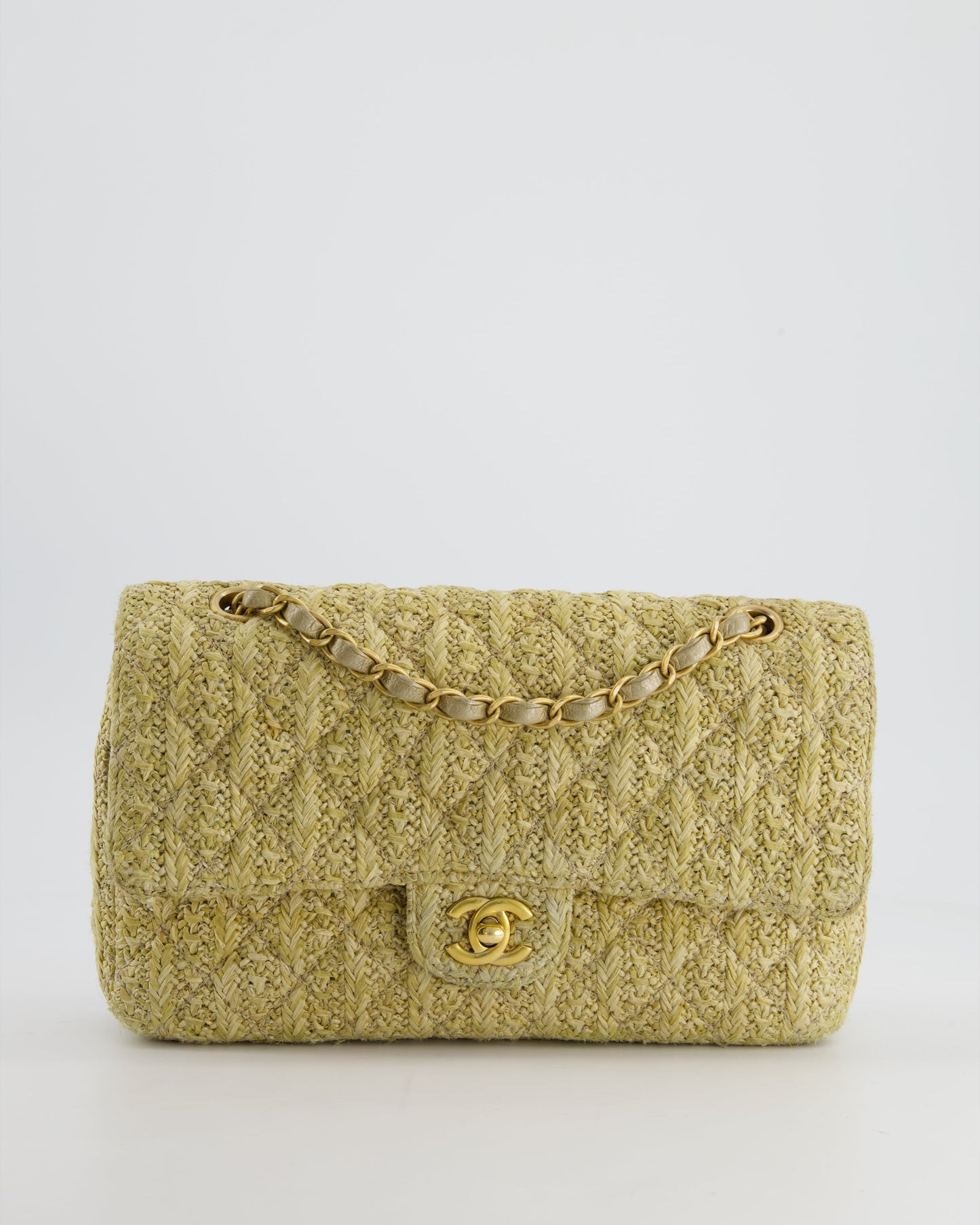 Chanel Beige Raffia Medium Classic Double Flap Bag with Brushed Gold Hardware and Gold Leather Interior