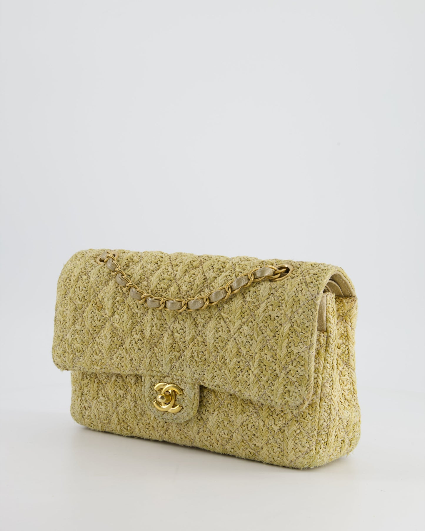 Chanel Beige Raffia Medium Classic Double Flap Bag with Brushed Gold Hardware and Gold Leather Interior