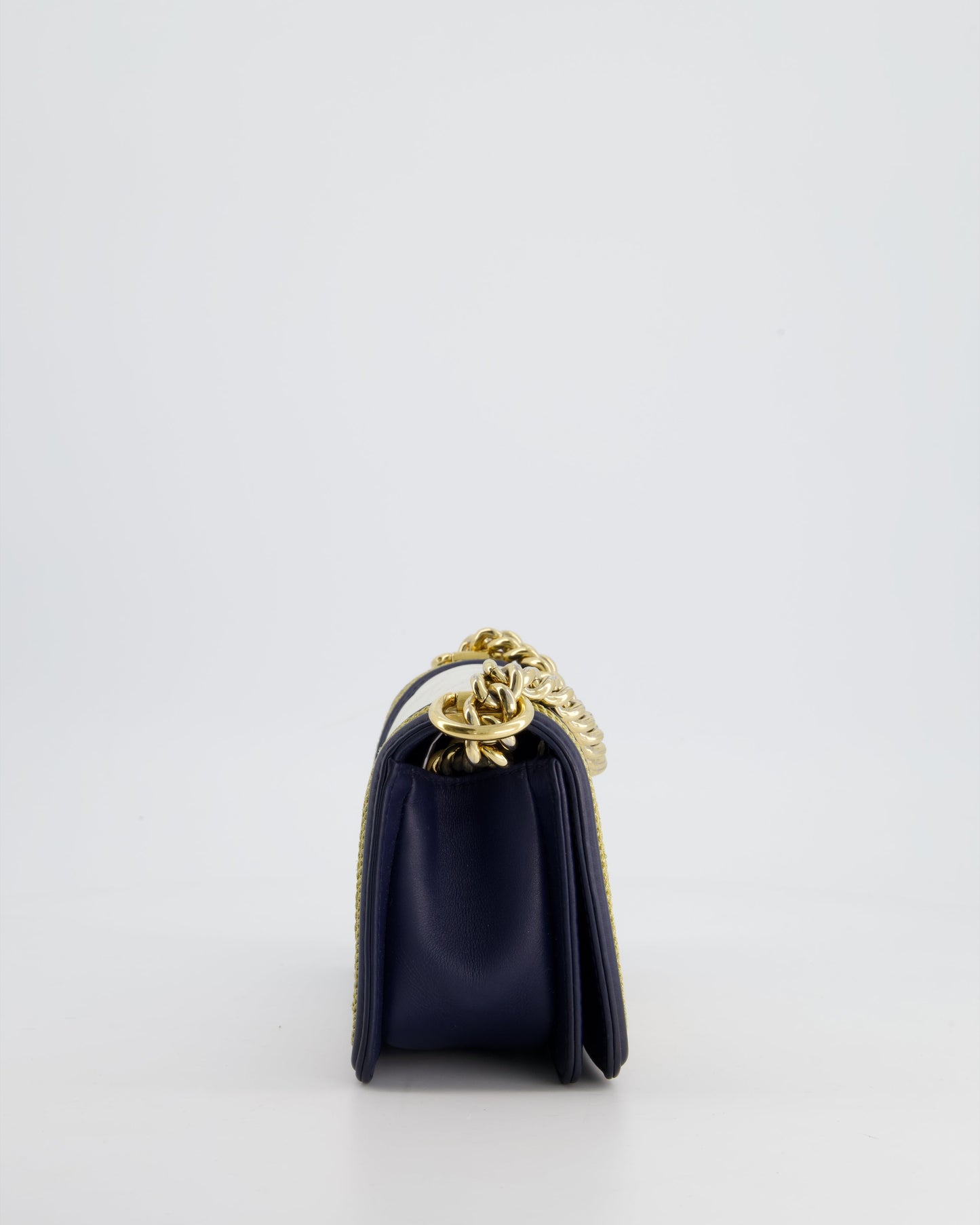 Chanel Navy and White 19C Small Boy Bag in Chevron Lambskin Leather and Gold Hardware with Gold Rope Trim Detailing