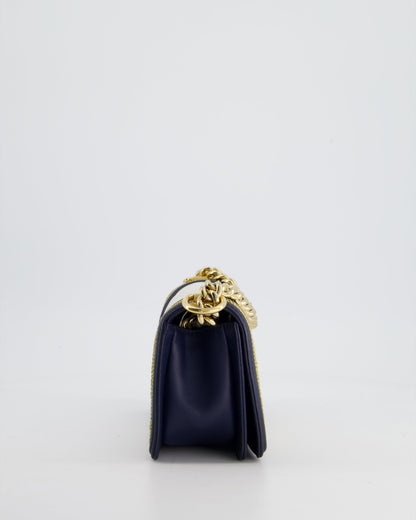 Chanel Navy and White 19C Small Boy Bag in Chevron Lambskin Leather and Gold Hardware with Gold Rope Trim Detailing