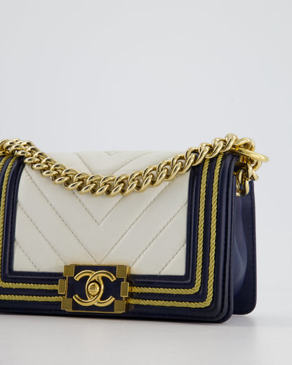 Chanel Navy and White 19C Small Boy Bag in Chevron Lambskin Leather and Gold Hardware with Gold Rope Trim Detailing