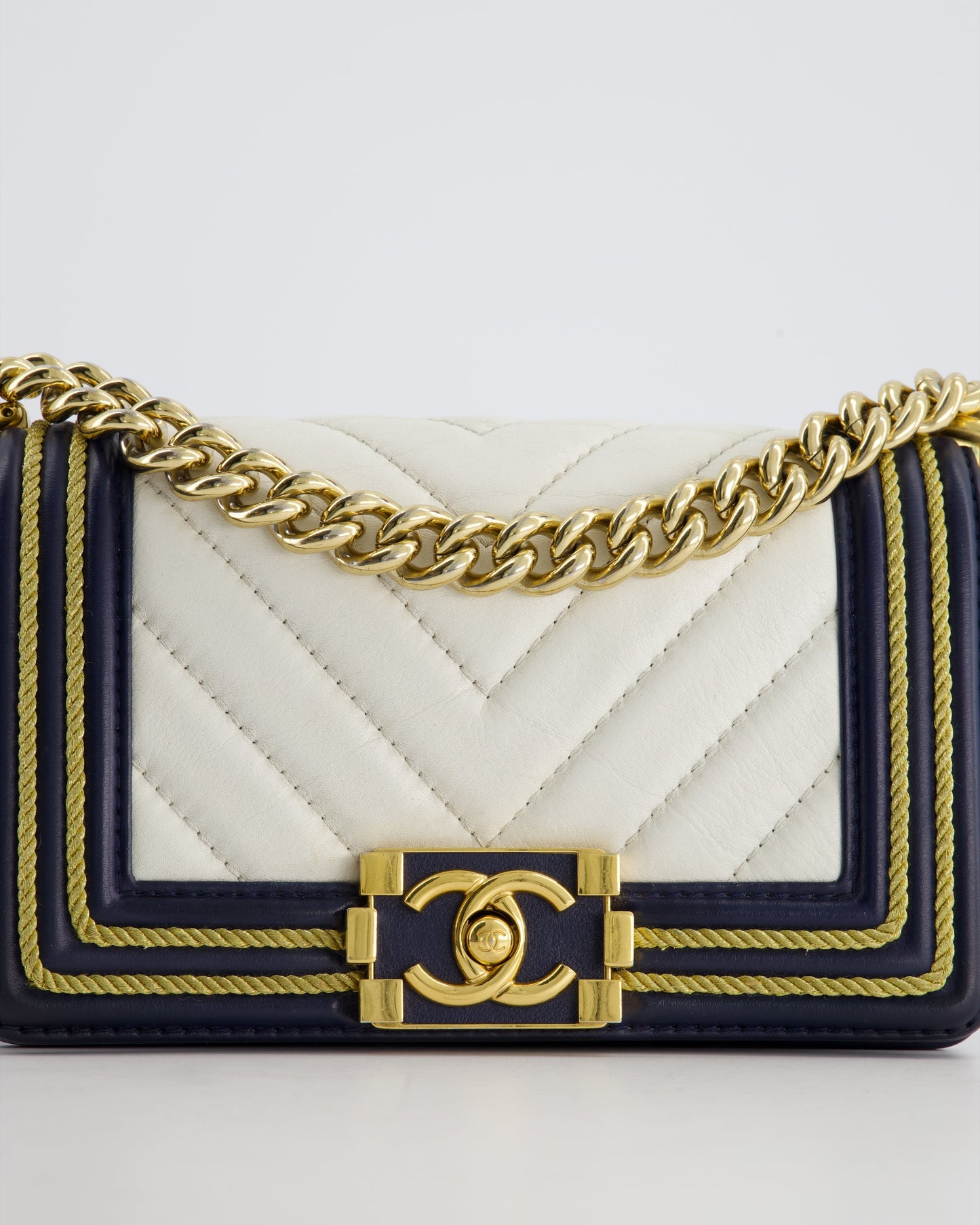 Chanel Navy and White 19C Small Boy Bag in Chevron Lambskin Leather and Gold Hardware with Gold Rope Trim Detailing