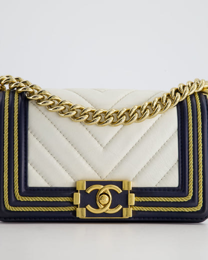 Chanel Navy and White 19C Small Boy Bag in Chevron Lambskin Leather and Gold Hardware with Gold Rope Trim Detailing