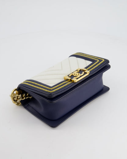 Chanel Navy and White 19C Small Boy Bag in Chevron Lambskin Leather and Gold Hardware with Gold Rope Trim Detailing