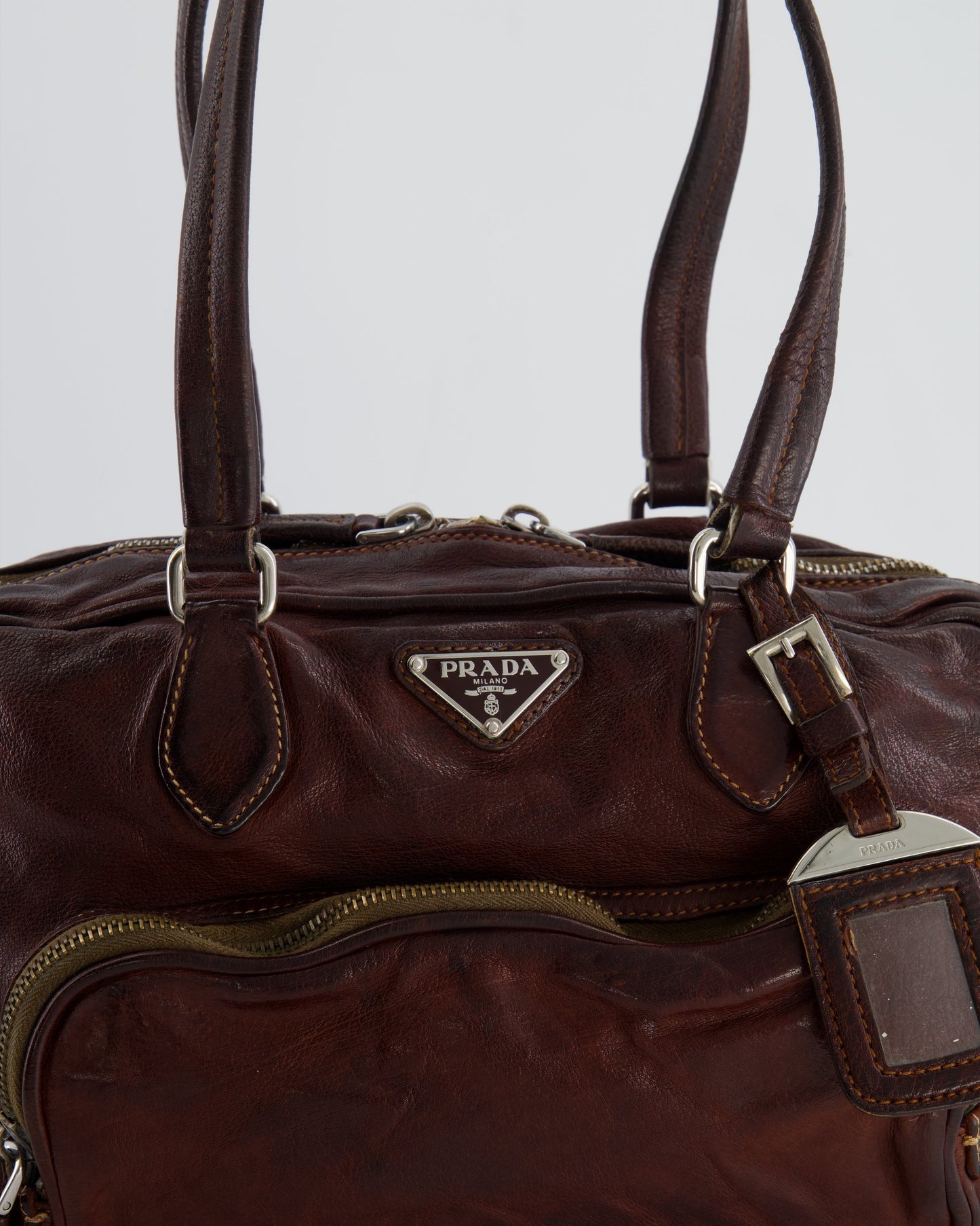 Prada Brown Leather Pocket Shoulder Bag with Logo