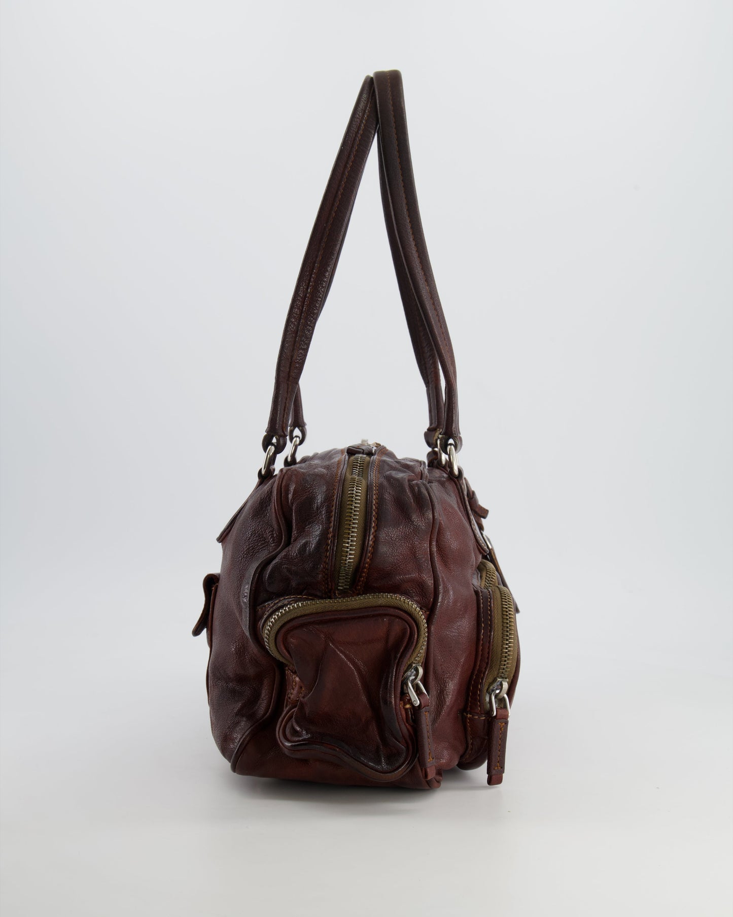 Prada Brown Leather Pocket Shoulder Bag with Logo