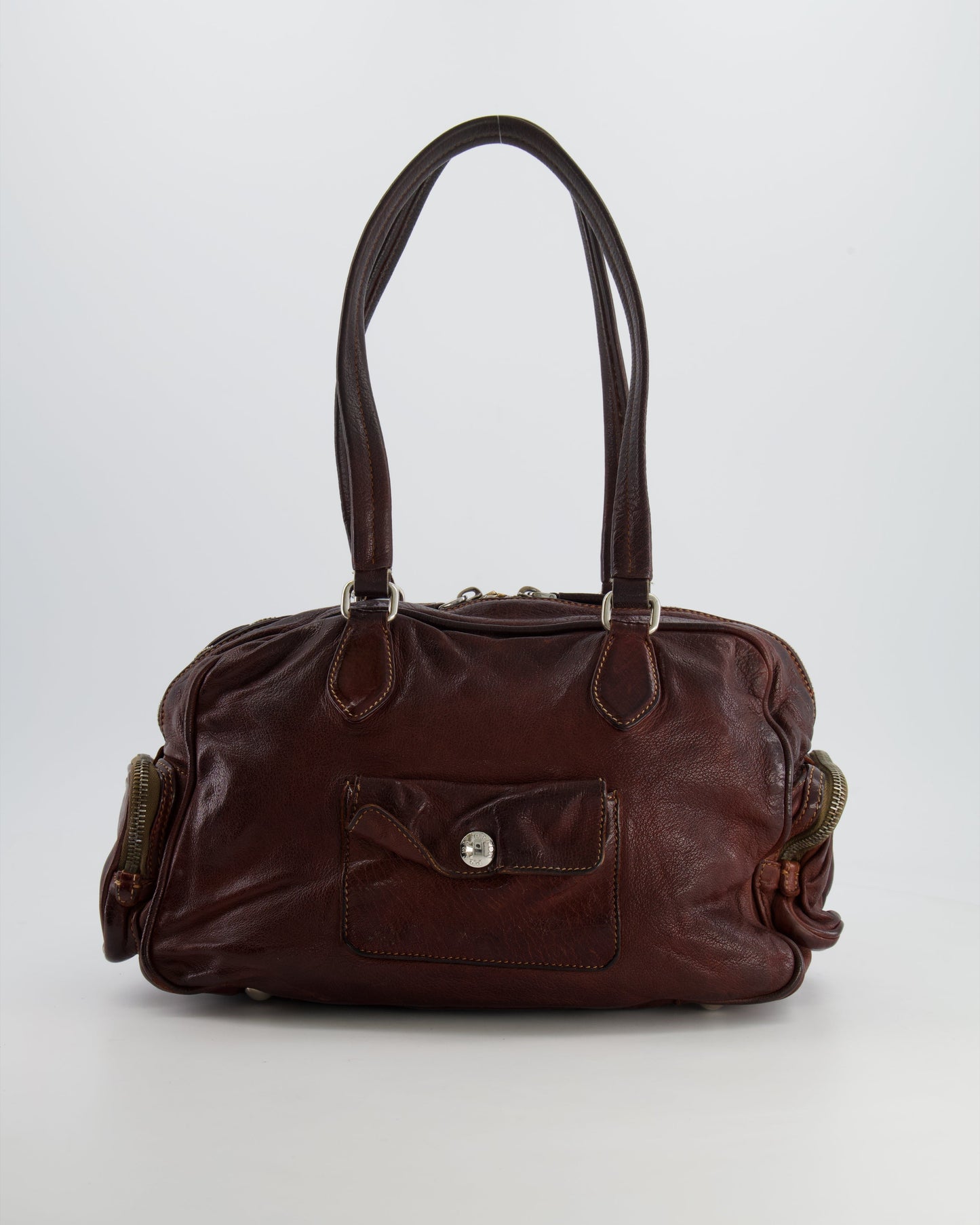 Prada Brown Leather Pocket Shoulder Bag with Logo