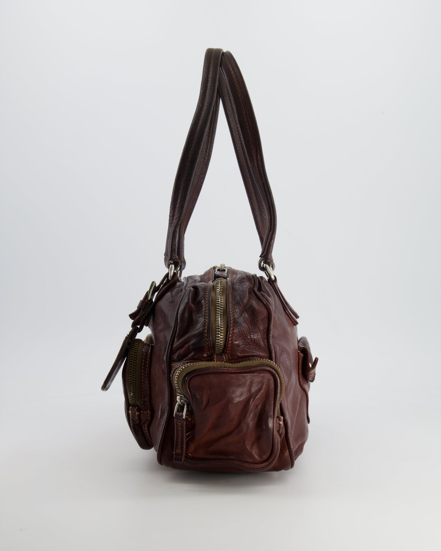 Prada Brown Leather Pocket Shoulder Bag with Logo