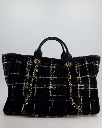 *RUNWAY PIECE* Chanel Fall / Winter 2022 Medium Black and White Wool Deauville Tote Bag with Multicolour Logo and Champagne Gold Hardware