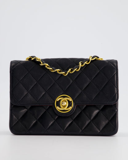 Chanel Vintage Black Mini Rectagular Single Flap Bag in Lambskin Leather and 24K Gold Hardware