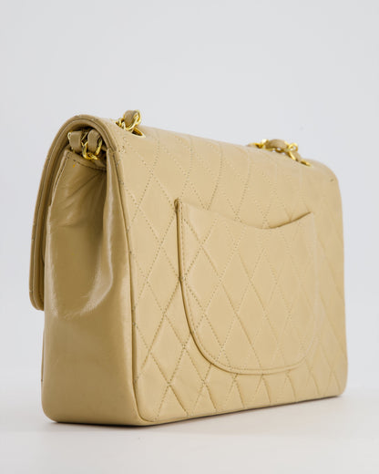Chanel Beige Vintage Classic Medium Double Flap Bag in Lambskin Leather with 24K Gold Hardware and Stitched Edge