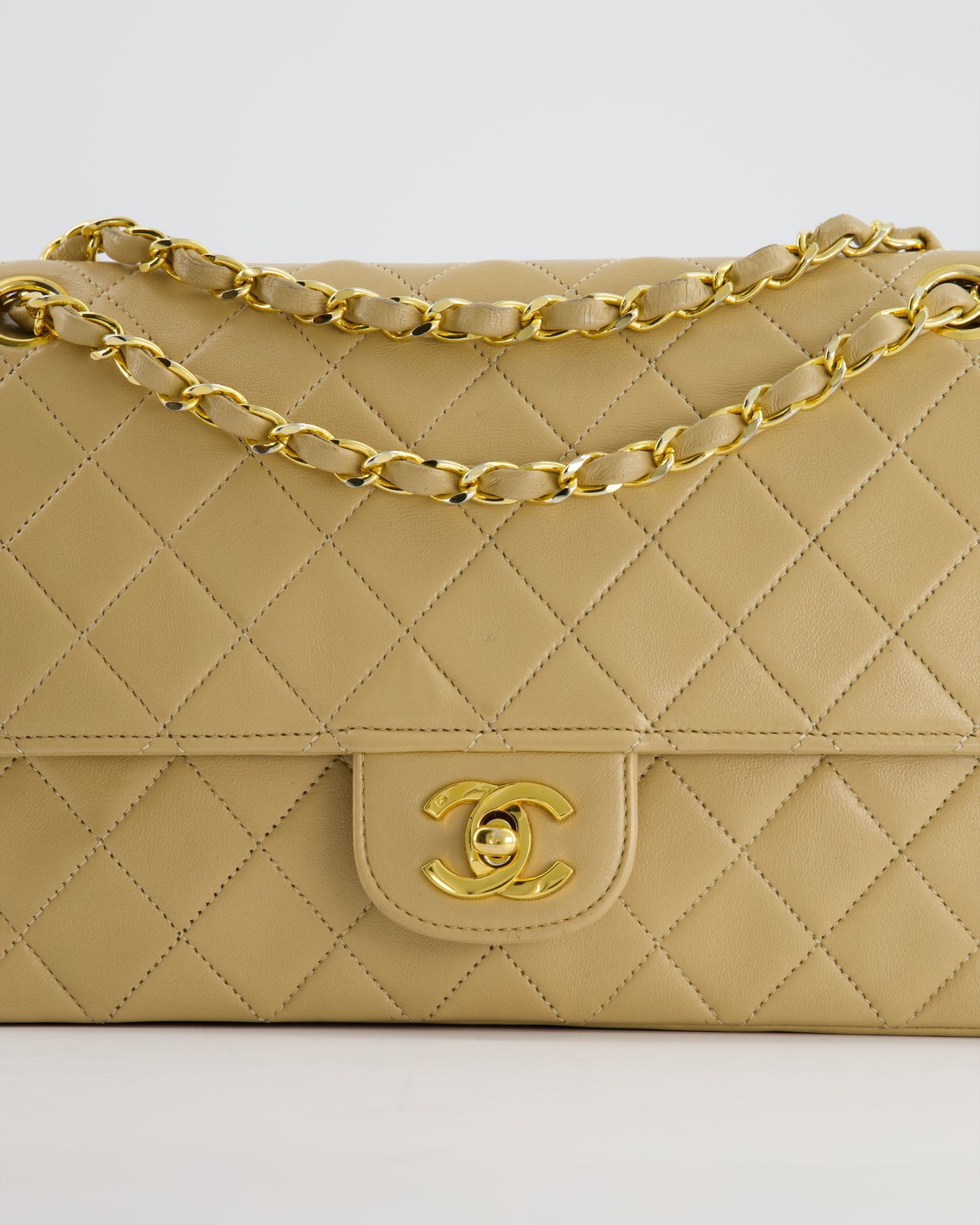Chanel Beige Vintage Classic Medium Double Flap Bag in Lambskin Leather with 24K Gold Hardware and Stitched Edge