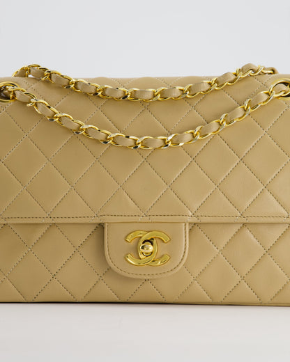 Chanel Beige Vintage Classic Medium Double Flap Bag in Lambskin Leather with 24K Gold Hardware and Stitched Edge