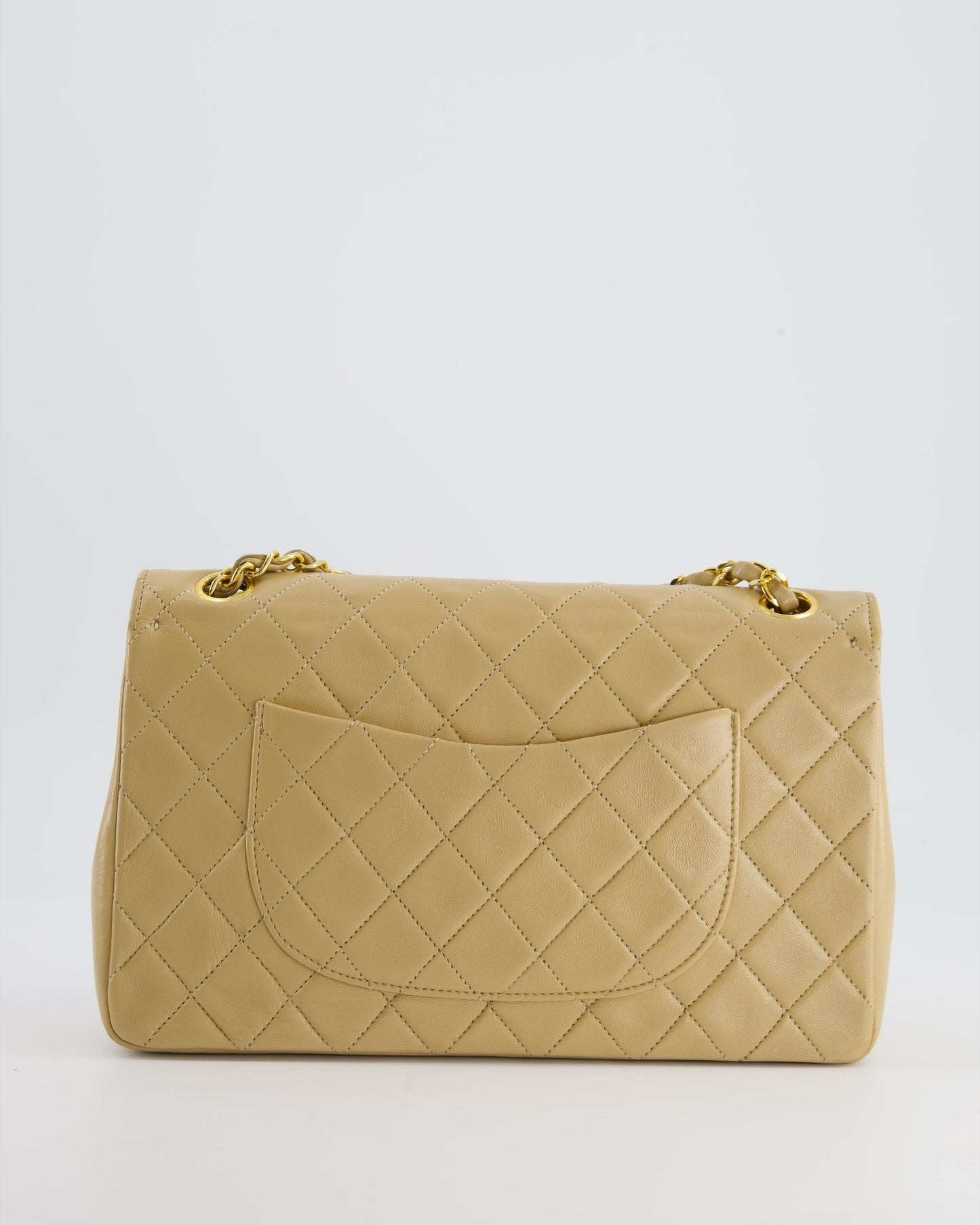 Chanel Beige Vintage Classic Medium Double Flap Bag in Lambskin Leather with 24K Gold Hardware and Stitched Edge