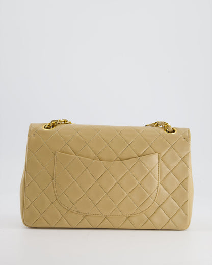 Chanel Beige Vintage Classic Medium Double Flap Bag in Lambskin Leather with 24K Gold Hardware and Stitched Edge