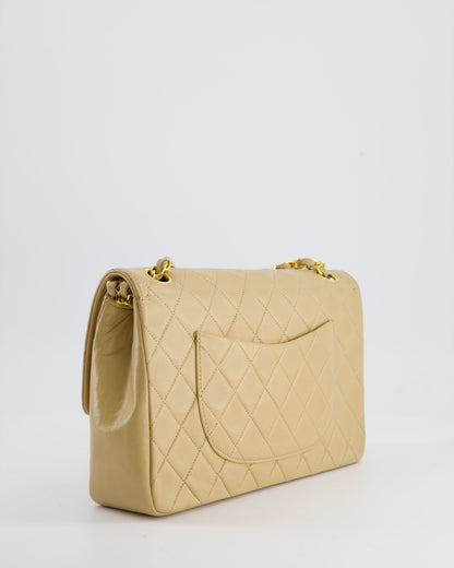 Chanel Beige Vintage Classic Medium Double Flap Bag in Lambskin Leather with 24K Gold Hardware and Stitched Edge
