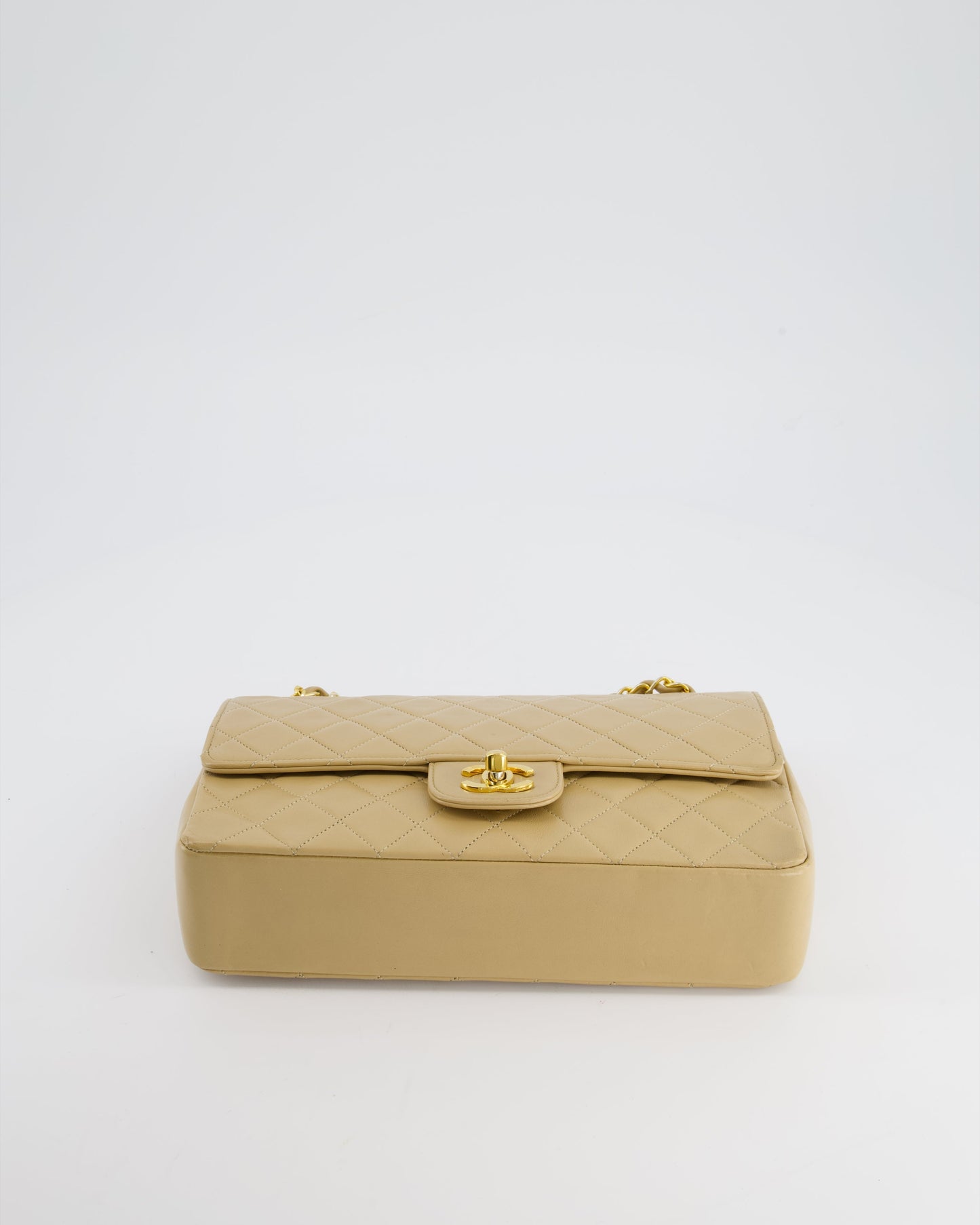 Chanel Beige Vintage Classic Medium Double Flap Bag in Lambskin Leather with 24K Gold Hardware and Stitched Edge
