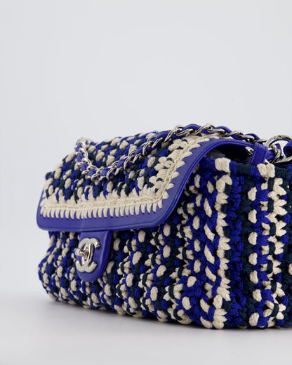 Chanel Navy, Blue and Cream Crochet Flap Bag with Silver Hardware