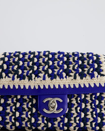 Chanel Navy, Blue and Cream Crochet Flap Bag with Silver Hardware