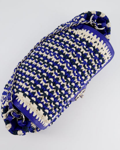 Chanel Navy, Blue and Cream Crochet Flap Bag with Silver Hardware