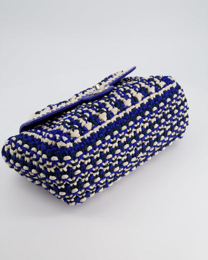 Chanel Navy, Blue and Cream Crochet Flap Bag with Silver Hardware