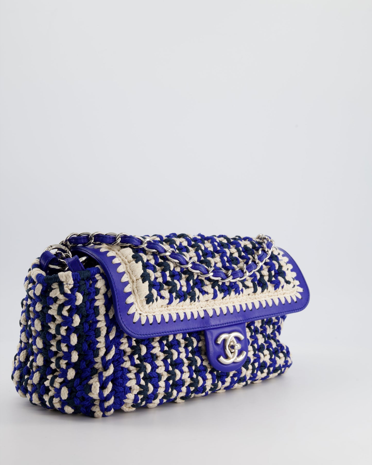 Chanel Navy, Blue and Cream Crochet Flap Bag with Silver Hardware